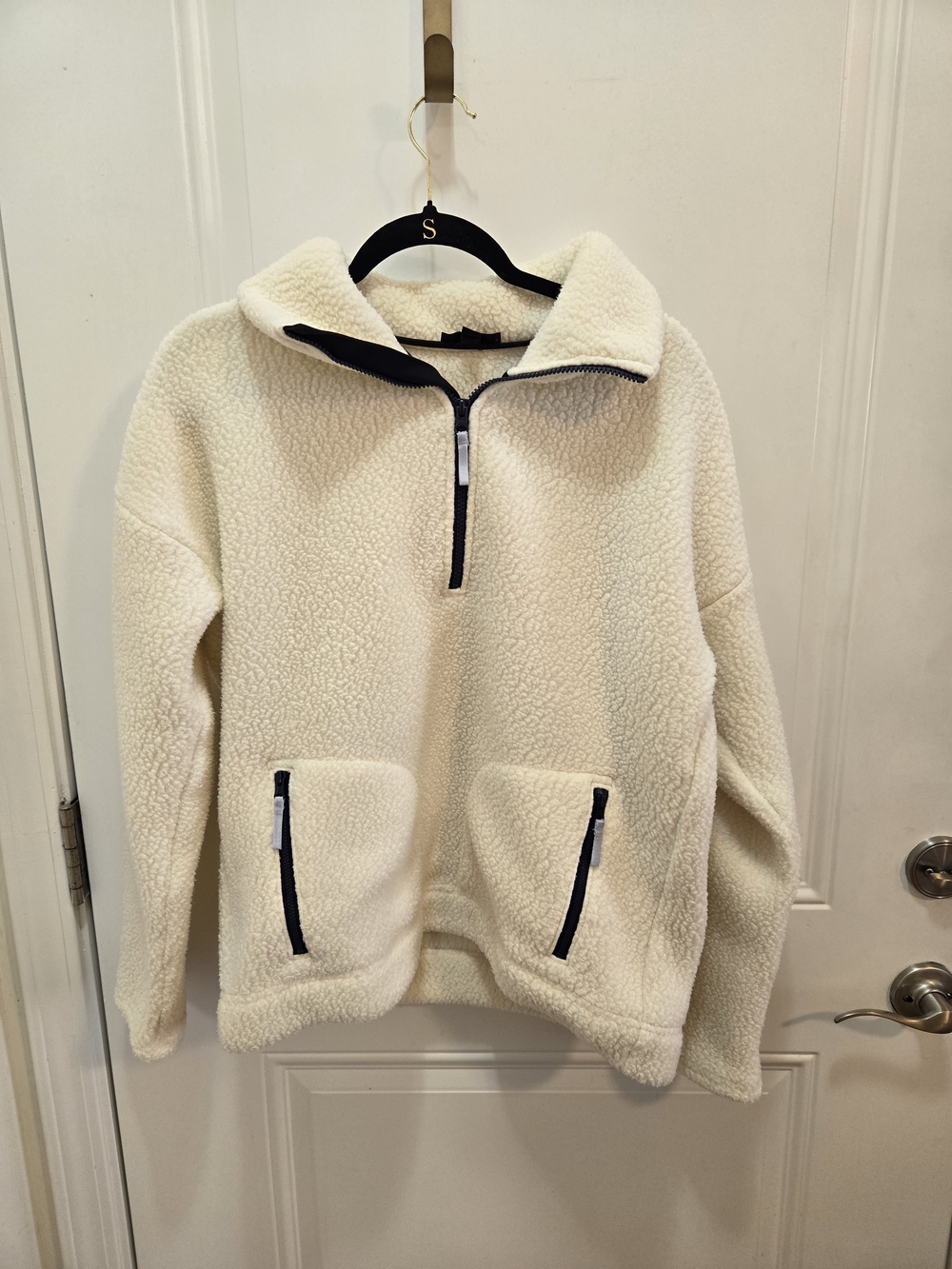 J. Crew Cream Sherpa Half-Zip Pullover with Contrast Trim
